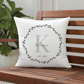 Wreath throw pillow with name and initial 