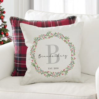 Red berry wreath throw pillow with name and initial