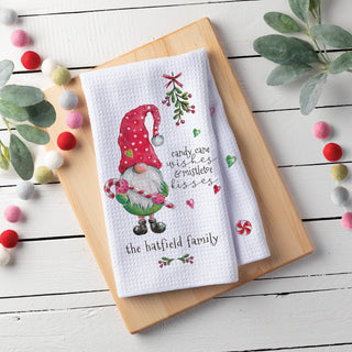 Candy Cane Wishes Gnome Personalized Waffle Tea Towel