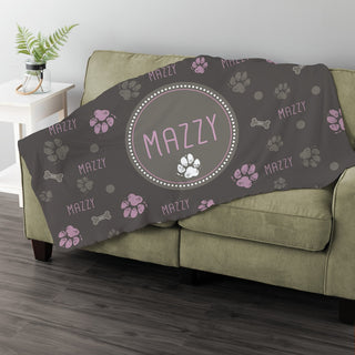 Pink Paw and Bone Pattern Personalized Fuzzy Throw Blanket