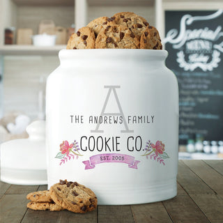 Cookie co floral ceramic cookie jar with family name and initial