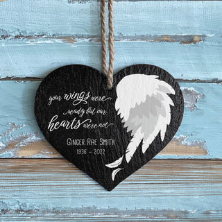 Wing memorial hanging heart with name and date