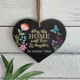 Floral bless this home hanging heart with family name