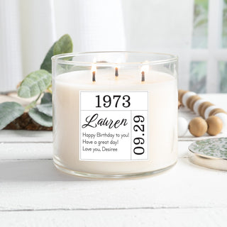 Birthday 2 wick candle with date and name