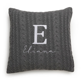 Initial Script Name White Embroidered Gray Cable Knit 17" Throw Pillow