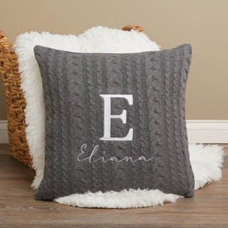 Initial Script Name White Embroidered Gray Cable Knit 17" Throw Pillow