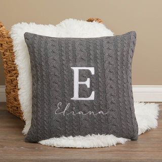 Gray knit throw pillow with initial and name