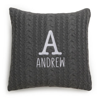 Initial Print Name White Embroidered Gray Cable Knit 17" Throw Pillow