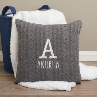 Initial Print Name White Embroidered Gray Cable Knit 17" Throw Pillow