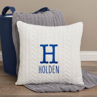 Initial Print Name Navy Embroidered Ivory Cable Knit 17" Throw Pillow