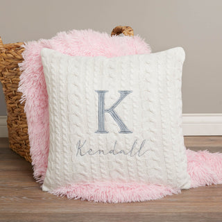Embroidered ivory knit throw pillow with initial and name 