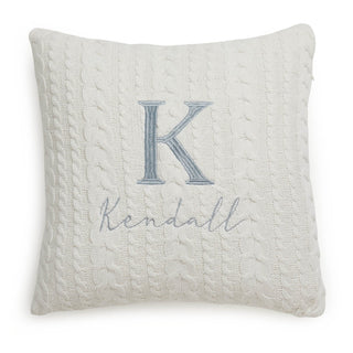 Initial Script Name Gray Embroidered Ivory Cable Knit 17" Throw Pillow