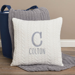 Initial Print Name Gray Embroidered Ivory Cable Knit 17" Throw Pillow