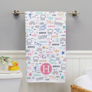 Fun icons bath towels for girls with name and initial