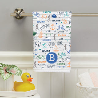 Fun icons hand towel for boys with name and initial 