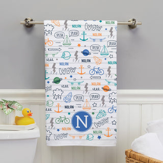 Fun Icons bath towels for boys with initial and name 