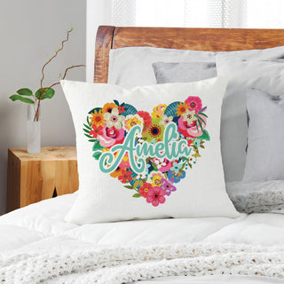 Floral heart throw pillow with name 