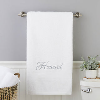 Gray Script Name Embroidered Large White Bath Towel