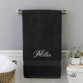 White Script Name Embroidered Large Black Bath Towel
