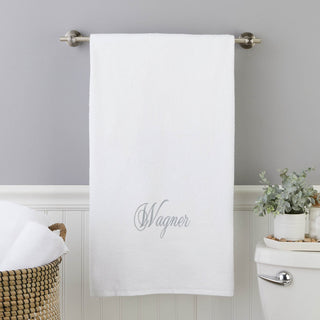 Gray Script Name Embroidered Small White Bath Towel