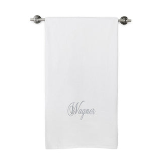 Gray Script Name Embroidered Small White Bath Towel