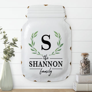 Green leave wreath metal mason jar sign with family name 