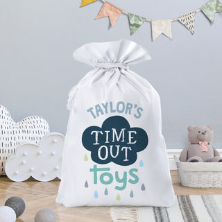 Time out toy bag 18x27 drawstring sack with rainy cloud and name 