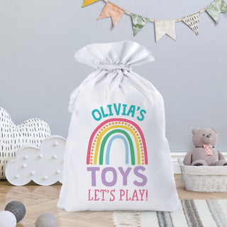 Let's play toy bag 18x27 drawstring sack with colorful rainbow and name 