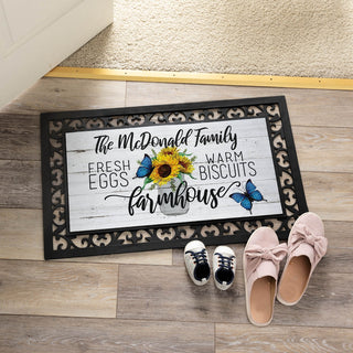 Country farmhouse biscuits and eggs insert with rubber frame doormat with family name 