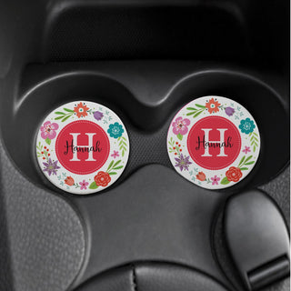Floral round car coaster set of 2 with a name and initial 