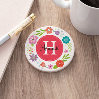 Floral round desk coaster with initial and name 