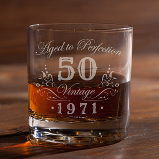Aged to perfection whiskey glass with age and year 