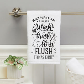 Family bathroom rules hand towel with a family name 