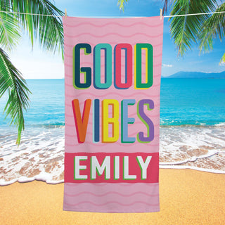 Colorful good vibes beach towel with name 
