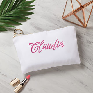 Pink script name zipper pouch with ring pull