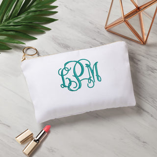 Fancy teal monogram zipper pouch with a ring pull