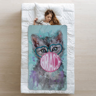 Bubble gum kitten with glasses fuzzy throw blanket 