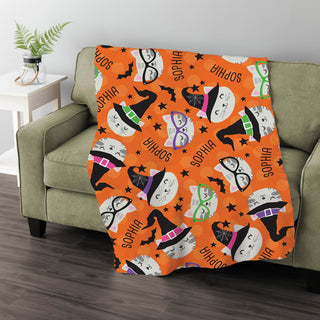 Halloween cat faces fuzzy blanket with a name 