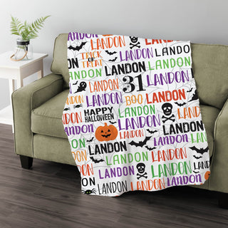Halloween bats and pumpkins fuzzy blanket with a name 