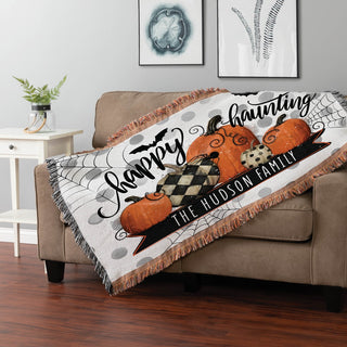 Happy haunting fringe throw blanket with pumpkins and spider web