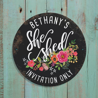 Floral she shed round metal sign with a name 