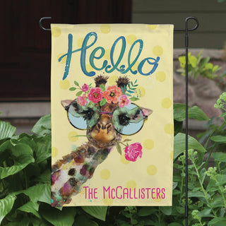 HELLO! Floral Giraffe Personalized Garden Flag