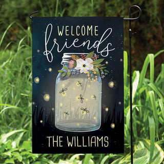 Welcome friends firefly in mason jar garden flag with name 