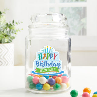 Happy Birthday Cake Personalized Blue Glass Treat Jar