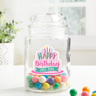 Happy birthday cake glass treat jar with name and 3 candles
