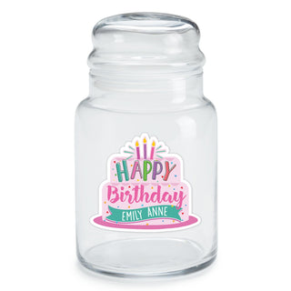 Happy Birthday Cake Personalized Pink Glass Treat Jar