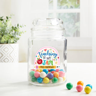 Teaching is my jam glass treat jar with pencil and name 