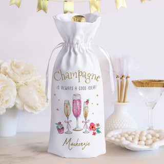 Champagne drawstring wine bag with name and champagne glass design