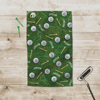 Personalized golf ball towel with balls and tees design