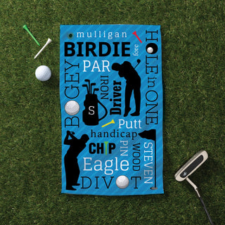 Golfer Key Words Personalized Blue Golf Towel